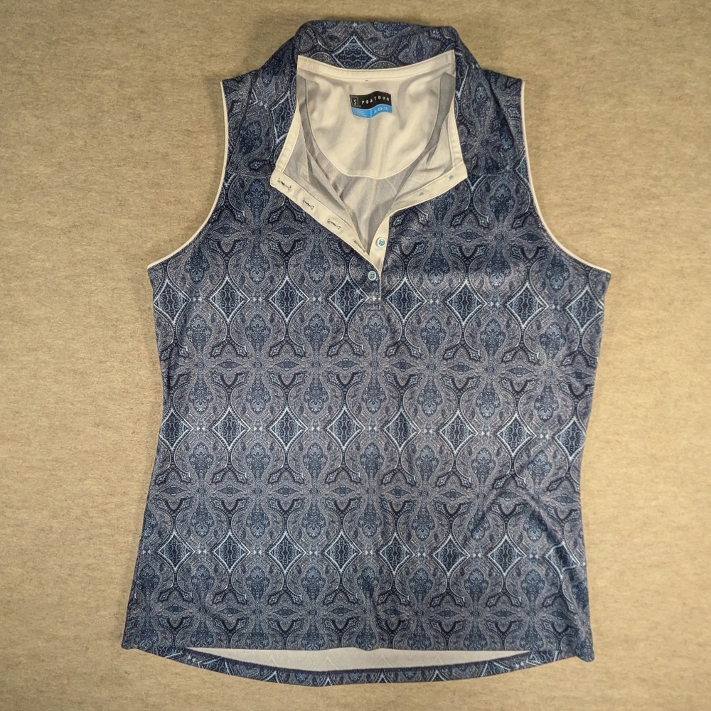 PGA Tour Blue Geometric Patterned Sleeveless Collar Golfing Pickleball Top XL